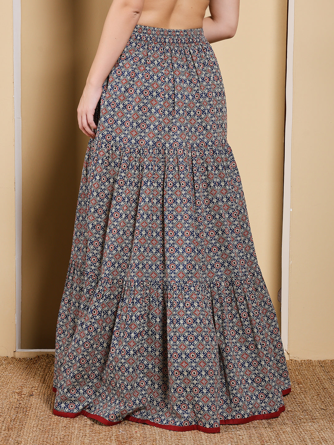 FIORRA Women's Blue Printed Cotton Flared Skirt